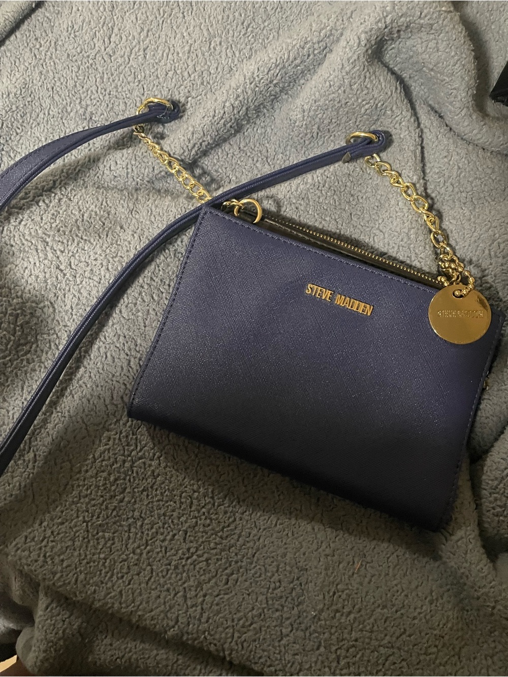 Steve Madden Navy Crossbody with Gold Chain and Logo Disc
